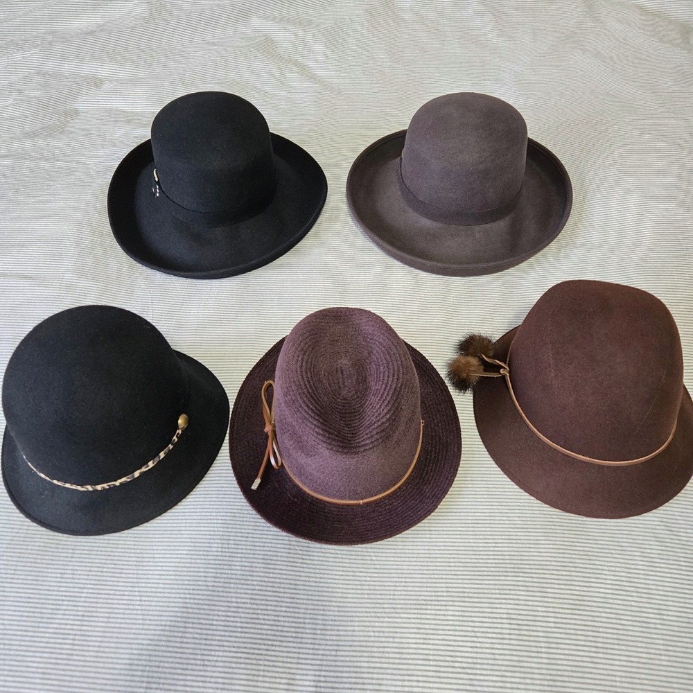 Lot of 5 August Womens 100% Wool Hats‎ Cloche Fedora Wide Brim Black Brown Plum